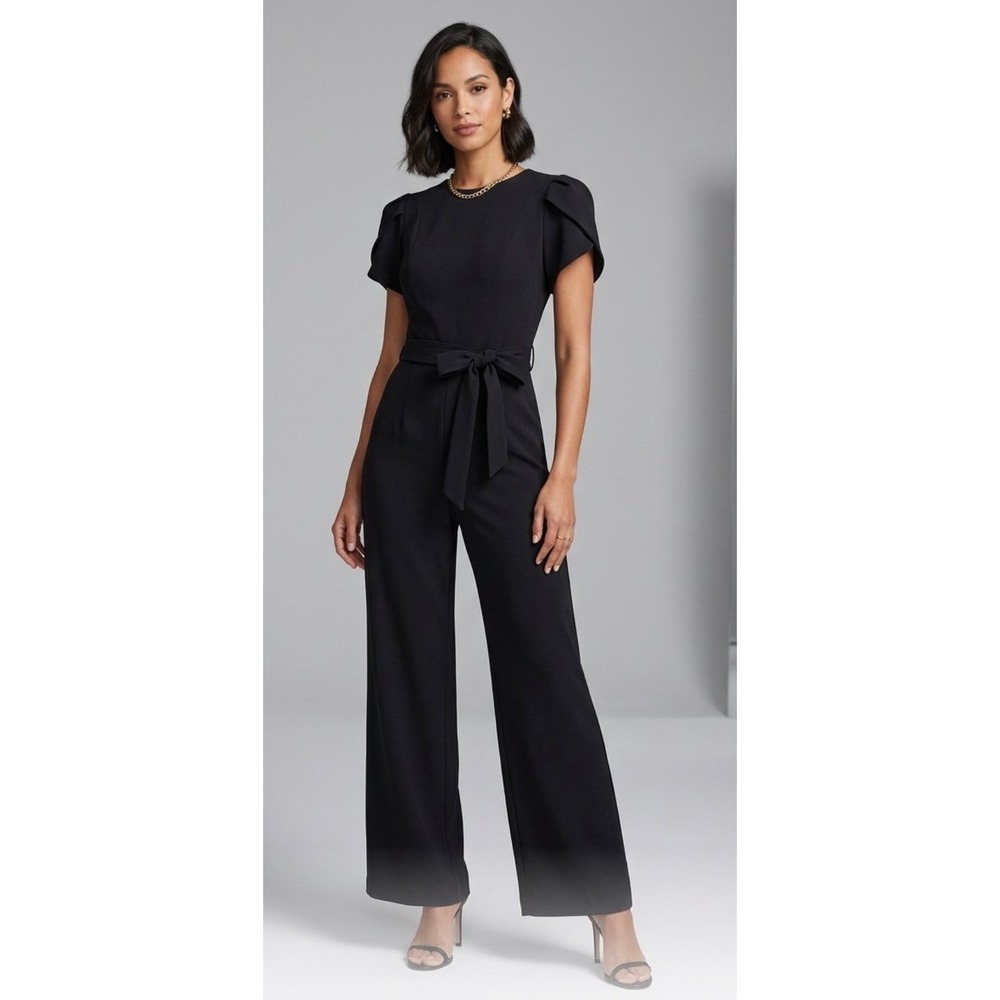 Calvin Klein Black Petal Sleeve Wide Leg Tie Waist Jumpsuit Size 8